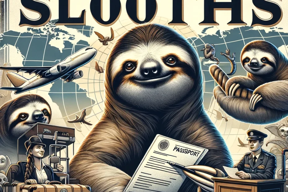 international travel requirements for sloths, featuring the central bold text 'International Travel Requirements for Sloths' over a subtle world map background. The image includes illustrations of sloths in various travel scenarios: one in a travel carrier, another holding a passport, and a third at a customs checkpoint, symbolizing the detailed planning needed for such journeys.