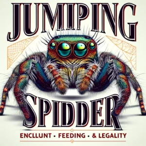 Jumping Spider, showcasing its vivid patterns and prominent eyes, with the text 'Jumping Spider: Enclosure, Feeding, Cost & Legality' styled attractively against a simple light background. This image emphasizes the spider's enclosure needs alongside its feeding, cost, and legal considerations.
