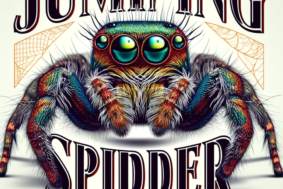 Jumping Spider, showcasing its vivid patterns and prominent eyes, with the text 'Jumping Spider: Enclosure, Feeding, Cost & Legality' styled attractively against a simple light background. This image emphasizes the spider's enclosure needs alongside its feeding, cost, and legal considerations.
