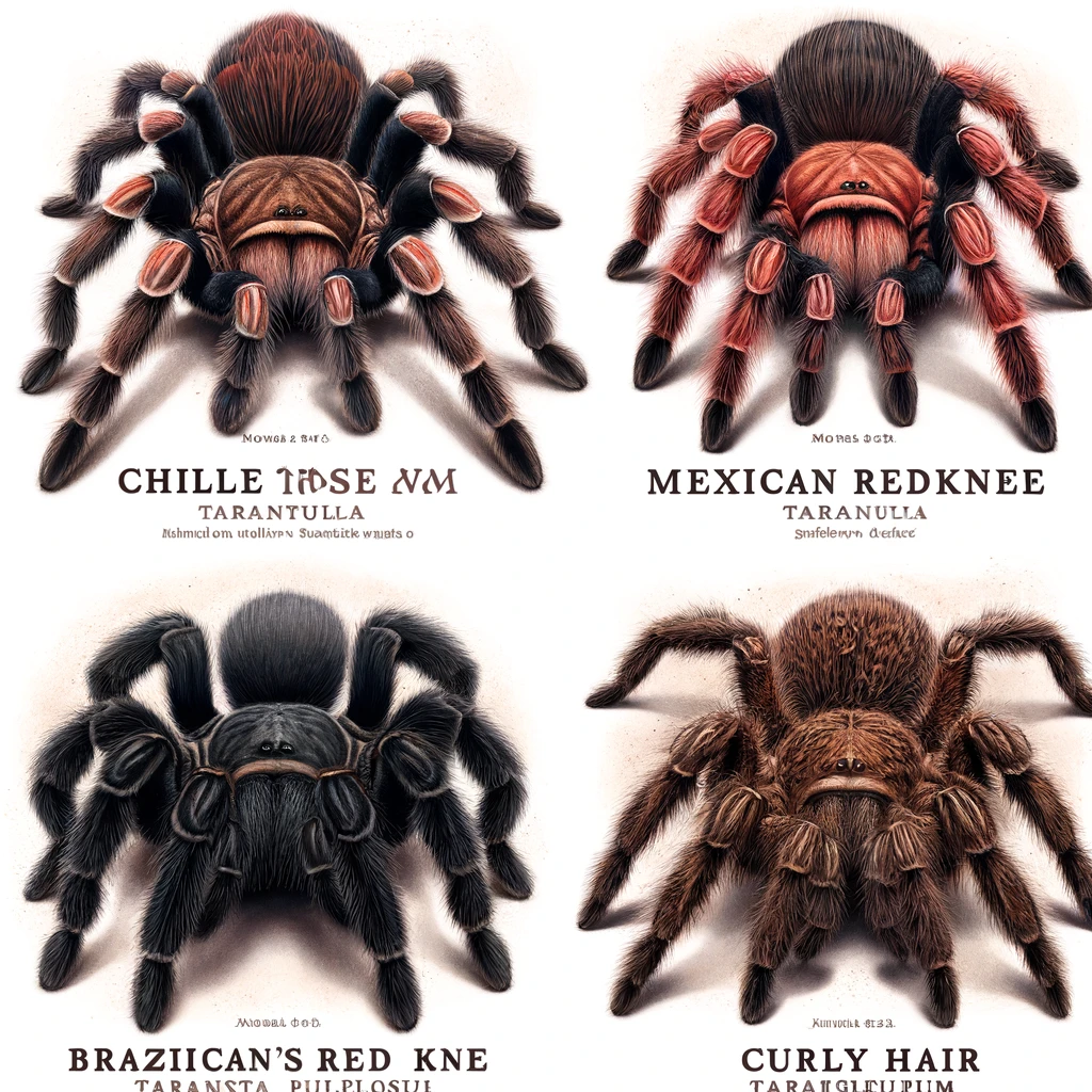 collage of four Tarantula species, labeled respectively: Top Left - Chilean Rose Hair Tarantula, Top Right - Mexican Redknee Tarantula, Bottom Left - Brazilian Black Tarantula, Bottom Right - Curly Hair Tarantula.