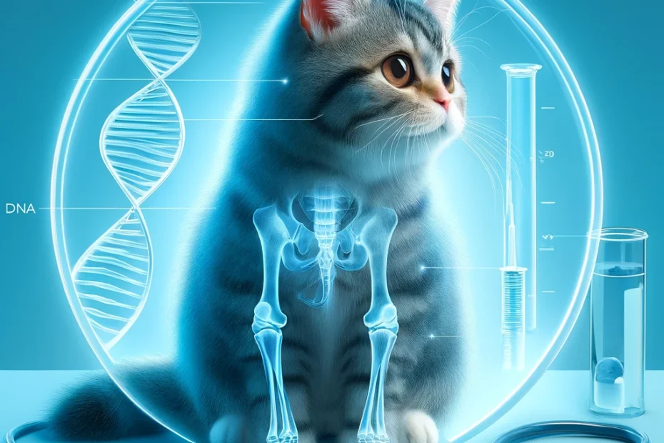 Munchkin cat with medical themes including an x-ray overlay, DNA double helix, and stethoscope, set against a soft clinical blue background with the title 'Medical Overview of Cats with Short Legs' boldly encircled in a contrasting light blue at the top center