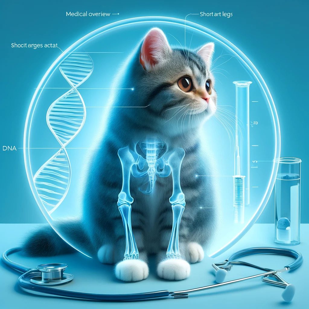 Munchkin cat with medical themes including an x-ray overlay, DNA double helix, and stethoscope, set against a soft clinical blue background with the title 'Medical Overview of Cats with Short Legs' boldly encircled in a contrasting light blue at the top center