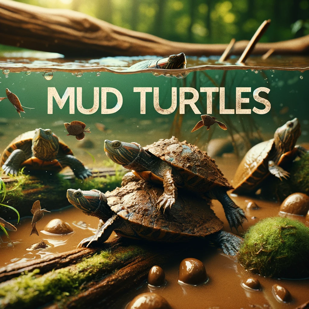 Mud Turtles in a natural aquatic habitat with muddy water and lush aquatic plants, with the text 'Mud Turtles' prominently displayed in a bold font.