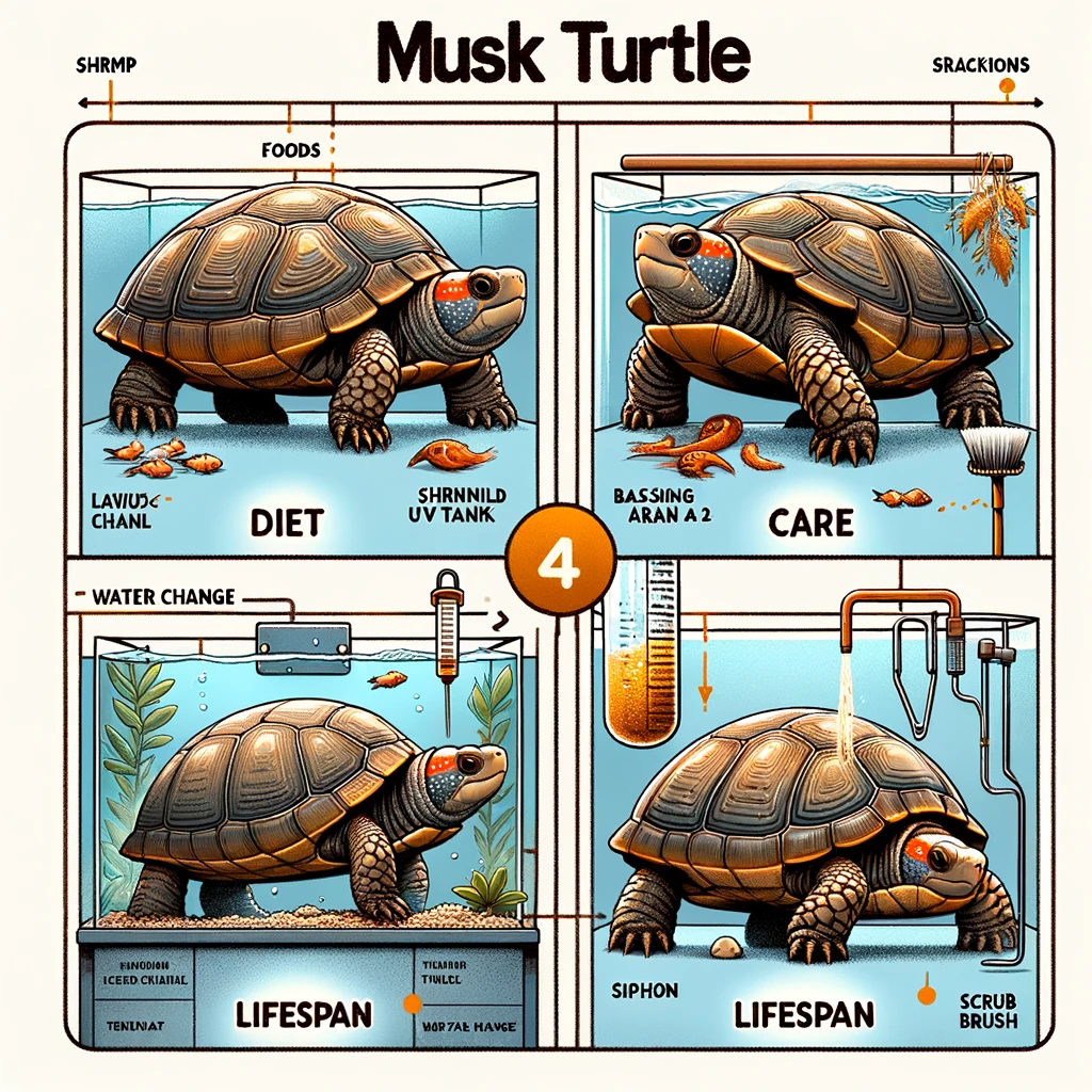 Educational split image depicting Musk Turtle care, divided into four sections with labels: Diet showing food like shrimp and fish; Care showing a tank setup with basking area; Cleaning illustrating a water change process; Lifespan displaying a growth timeline from juvenile to adult