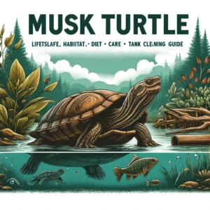 Informative display of a Musk Turtle in its natural aquatic habitat, with the title 'Musk Turtles: Lifespan, Habitat, Diet, Care, & Tank Cleaning Guide' in bold, clear font, showcasing the turtle’s environment in greens and blues.