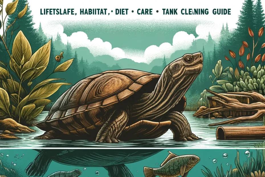 Informative display of a Musk Turtle in its natural aquatic habitat, with the title 'Musk Turtles: Lifespan, Habitat, Diet, Care, & Tank Cleaning Guide' in bold, clear font, showcasing the turtle’s environment in greens and blues.