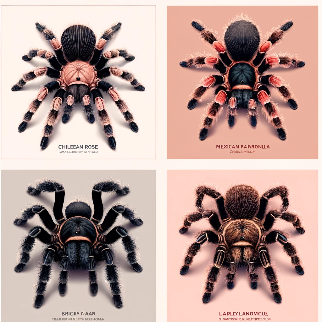 four tarantulas in natural colors: Top Left - Chilean Rose Tarantula in dusty pink; Top Right - Mexican Redknee Tarantula with red knees; Bottom Left - Brazilian Black Tarantula in glossy black; Bottom Right - Curly Hair Tarantula with golden-brown curls