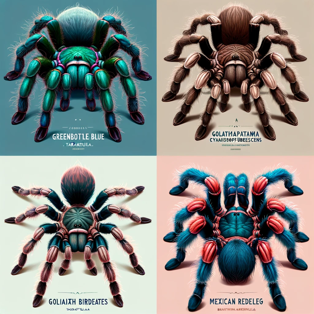 Composite image of four tarantulas in their natural colors: Greenbottle Blue, Goliath Birdeater, Pink Toe, and Mexican Redleg, each in distinct habitat setups.