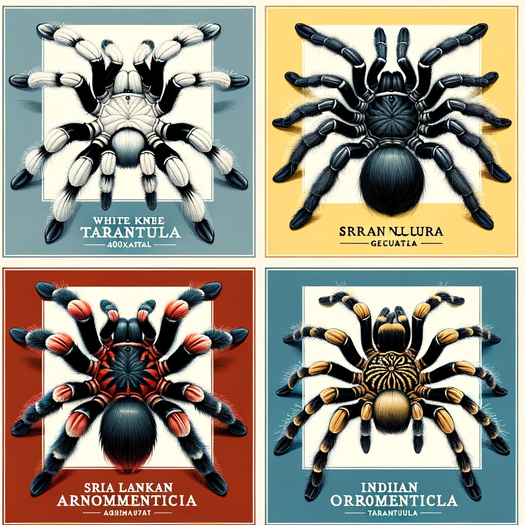 Composite image of four ornamental tarantulas: White Knee, Sri Lankan, Red Slate, and Indian Ornamental, each displayed in natural colors against themed backgrounds, enhancing their striking features.