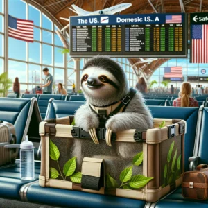 A sloth in a travel carrier equipped with lush greenery and a water bottle, at a busy American airport terminal indicating domestic travel, complete with background elements like travelers, suitcases, digital flight displays, and an American flag