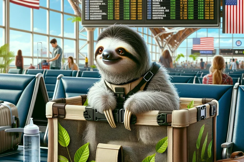 A sloth in a travel carrier equipped with lush greenery and a water bottle, at a busy American airport terminal indicating domestic travel, complete with background elements like travelers, suitcases, digital flight displays, and an American flag