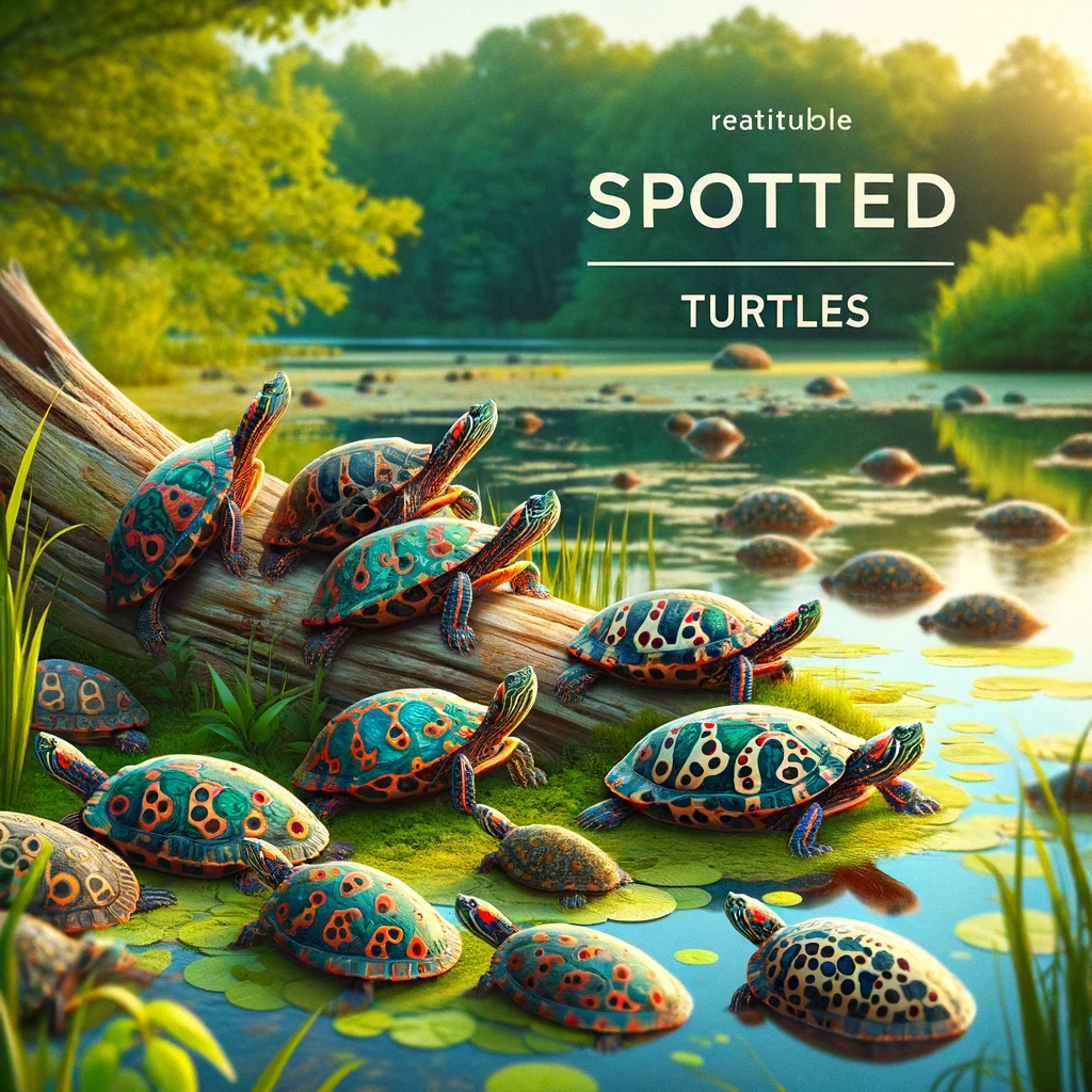 Spotted Turtles in a natural wetland habitat, with distinctive polka-dotted shells on display, surrounded by lush greenery and shallow water. Text 'Spotted Turtles' prominently displayed in a simple, natural font