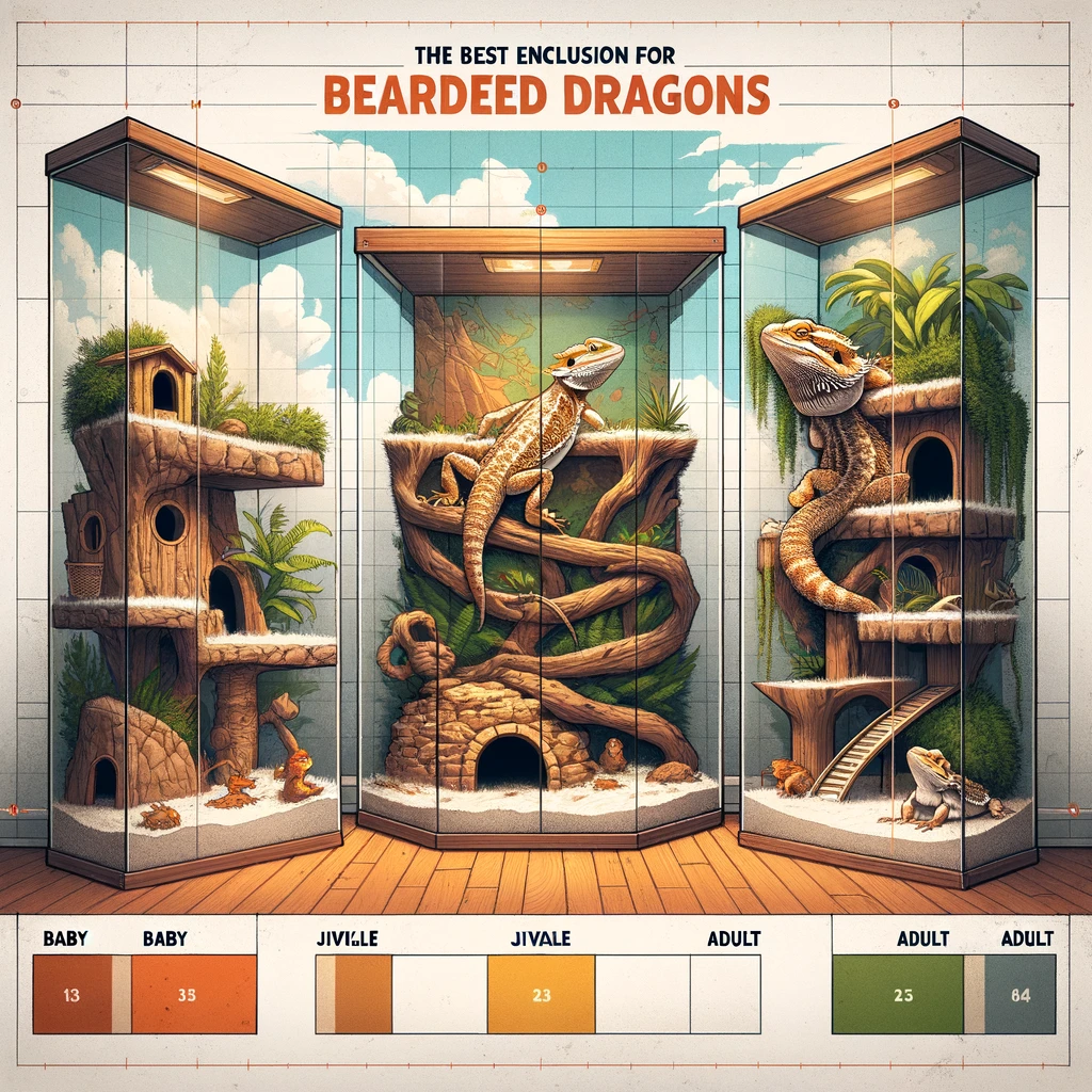 An informative illustration showing three sections of a bearded dragon enclosure, each designed for a different age group: baby, juvenile, and adult. The first section depicts a smaller habitat suitable for a baby bearded dragon, featuring minimal decorations. The second, larger section is for juveniles, with more climbing structures and a larger basking area. The final, most spacious section, is for adults, complete with diverse terrains and decorations. Labels for each age group are clearly displayed, and the title of the guide is visible at the top.