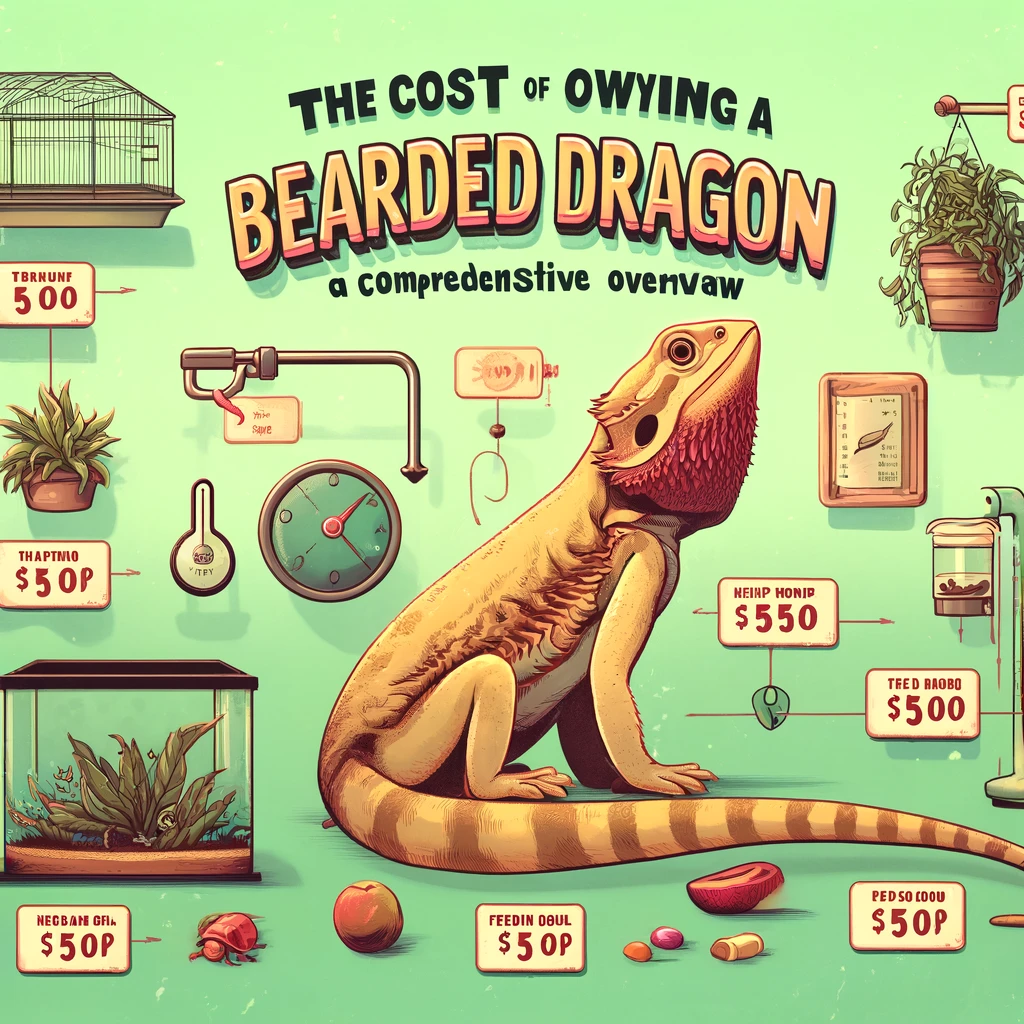 An infographic detailing the costs associated with owning a bearded dragon, showcasing a terrarium, heating lamp, thermometer, feeding bowl, and food, each with a price tag. The background transitions from light to dark green, emphasizing the bearded dragon's habitat. The title is prominently displayed at the top.