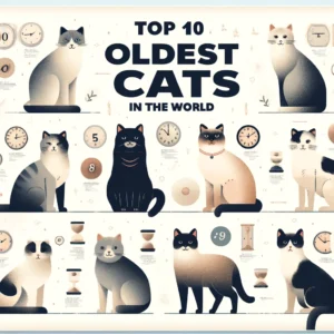 Top 10 Oldest Cats in the World' with the heading prominently displayed. The graphic features ten cats of various breeds and coat patterns, each labeled with its name and age