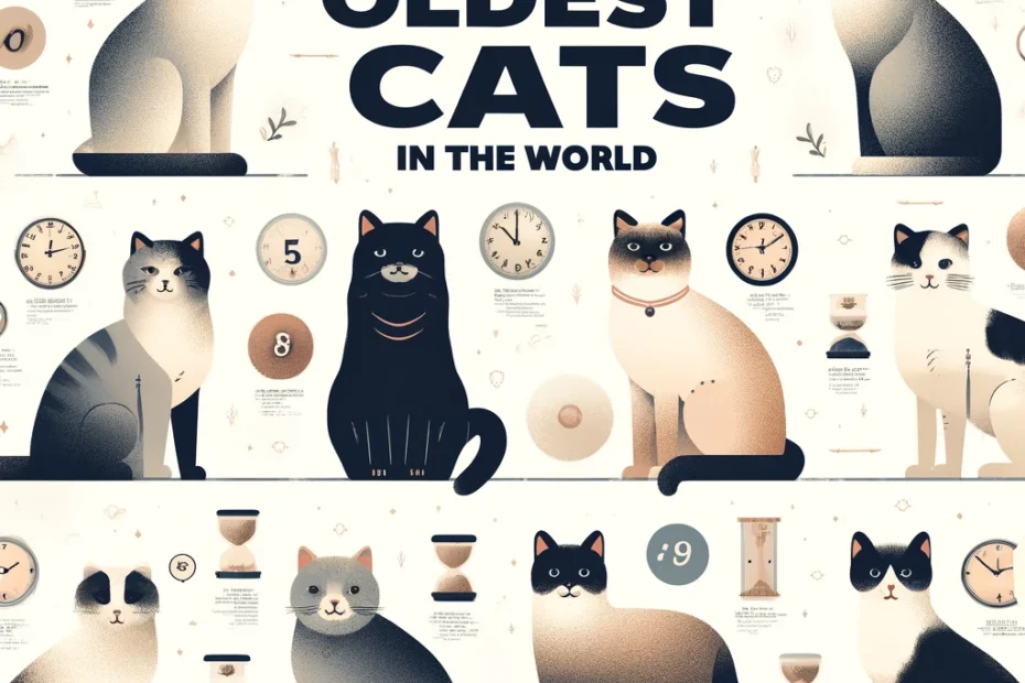 Top 10 Oldest Cats in the World' with the heading prominently displayed. The graphic features ten cats of various breeds and coat patterns, each labeled with its name and age