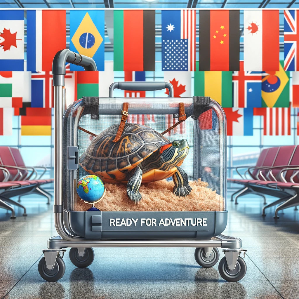 A turtle in a transparent travel carrier at an airport, ready for international travel. The background features flags from the USA, UK, Canada, Australia, Japan, Germany, and Brazil, symbolizing global travel.