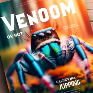 Close-up of a vividly colored California jumping spider in a natural forest setting, with the heading "Venom or Not" at the top