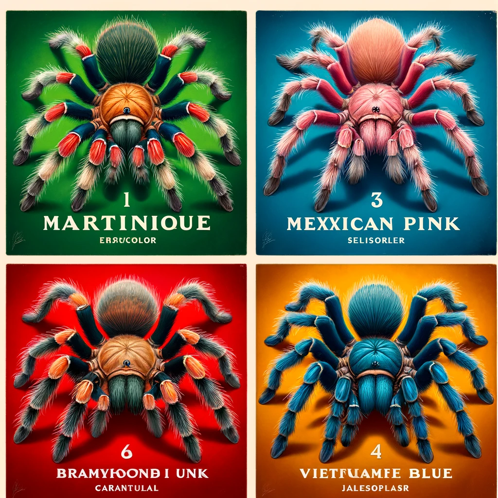 Composite image featuring four vibrant tarantulas: Martinique Red Tree Spider, Mexican Pink Tarantula, Brazilian Jewel Tarantula, and Vietnamese Blue Tarantula, each displayed against a complementary background that highlights their natural colors