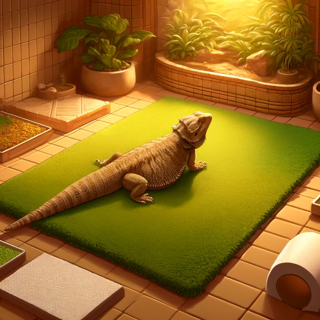 bearded dragon habitat with three safe substrate alternatives: reptile carpet, ceramic tiles, and paper towels or newspaper. Each substrate provides a unique benefit, creating a safe and comfortable environment for the bearded dragon