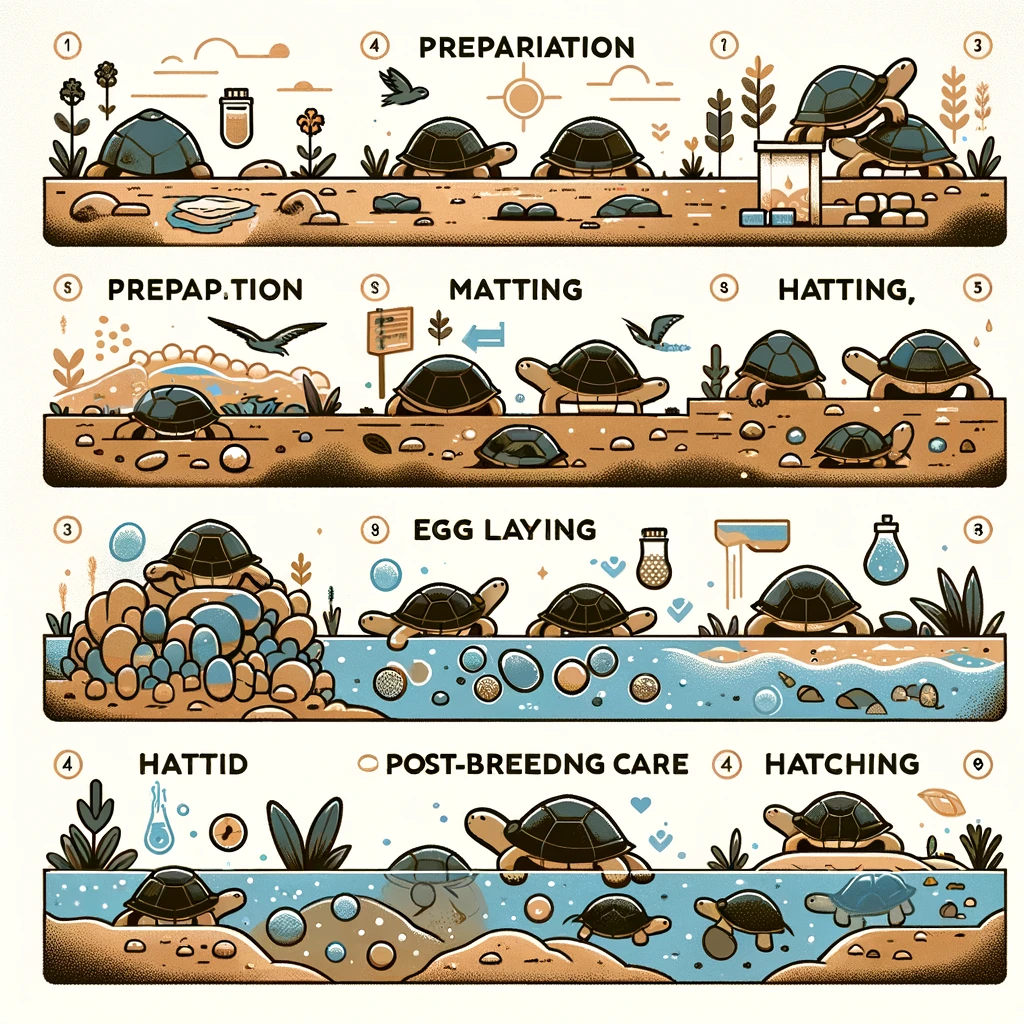 nformative image depicting the breeding process of mud turtles, including preparation, mating, egg laying, hatching, and post-breeding care, illustrated with icons and texts, designed in earthy and blue tones.
