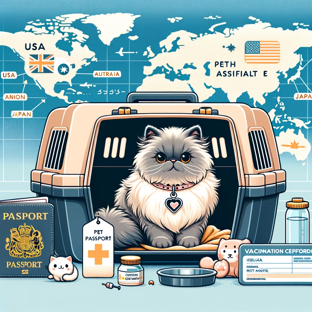  international cat travel is ready. It visually represents all the necessary items and documents needed for traveling with your cat, such as the carrier, health certificate, pet passport, and more. 