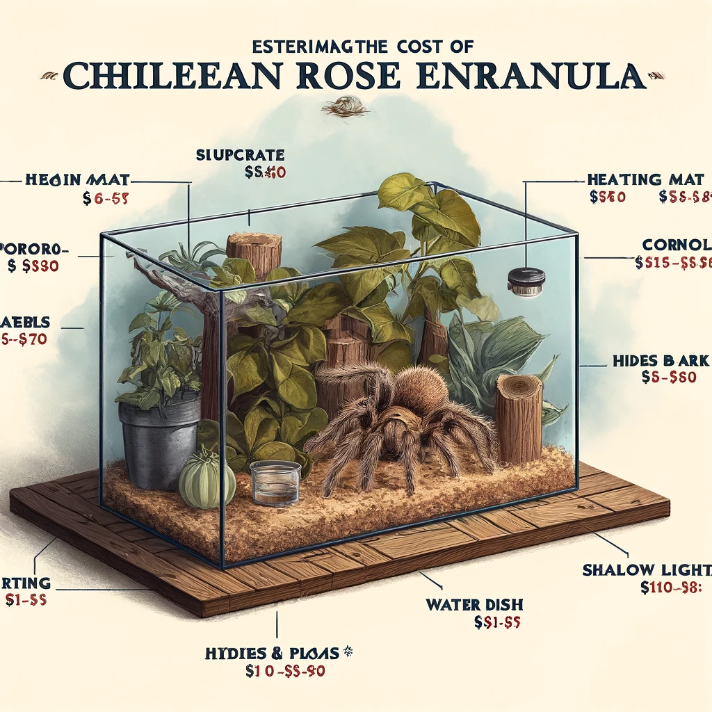 Chilean Rose Tarantula enclosure setup with labeled components including tank, substrate, heating mat, hygrometer, thermometer, hides, plants, water dish, and lighting, under the title 'Estimating the Cost of a Chilean Rose Enclosure