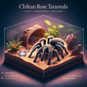 Chilean Rose Tarantula in naturalistic terrarium with essential enclosure elements like cork bark hide, shallow water dish, and artificial plants, illustrating setup costs and requirements