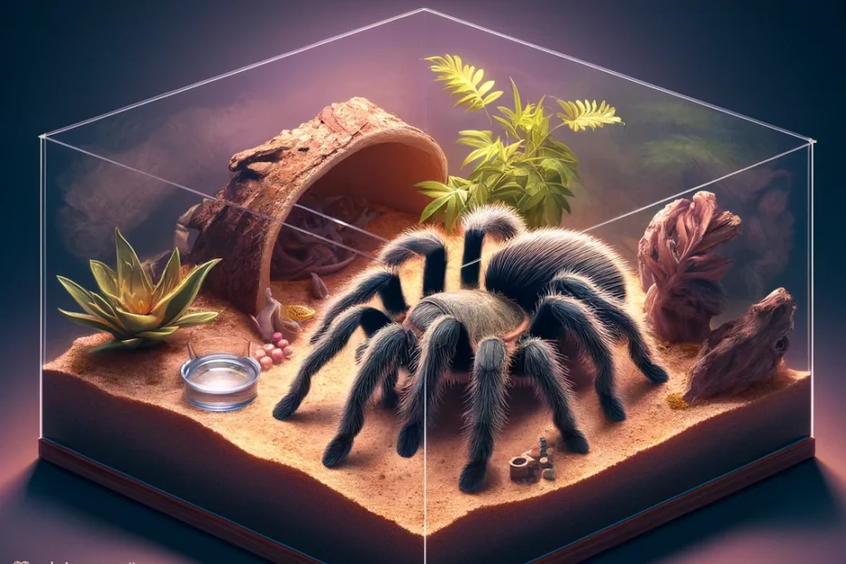Chilean Rose Tarantula in naturalistic terrarium with essential enclosure elements like cork bark hide, shallow water dish, and artificial plants, illustrating setup costs and requirements