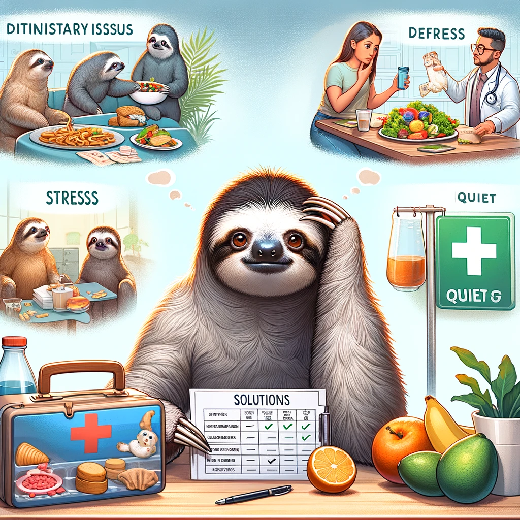 Common challenges and solutions in sloth care, depicting a sloth with dietary issues, stress in a busy environment, and health concerns, alongside solutions such as a balanced diet, a tranquil habitat, and veterinary care.