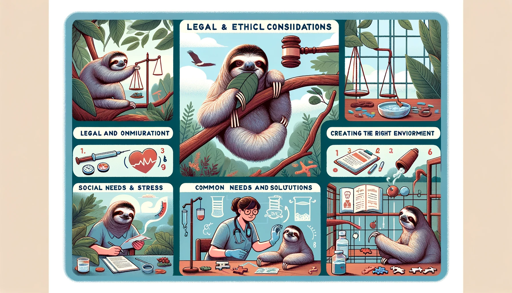 overview of the comprehensive guide to sloth care, covering the essential aspects from introduction to sloth care, legal and ethical considerations, creating the right environment, diet and nutrition, health and wellness, to social needs and interaction, and addressing common challenges and solutions. Each section is depicted to emphasize the dedication and detailed attention required for the well-being of a sloth as a pet.
