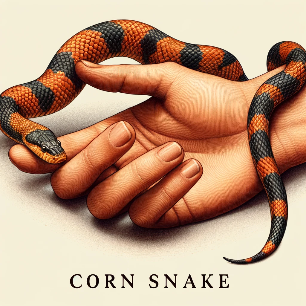 orn Snake gently coiling around a human hand, showcasing vivid orange and black patterns and a docile demeanor.