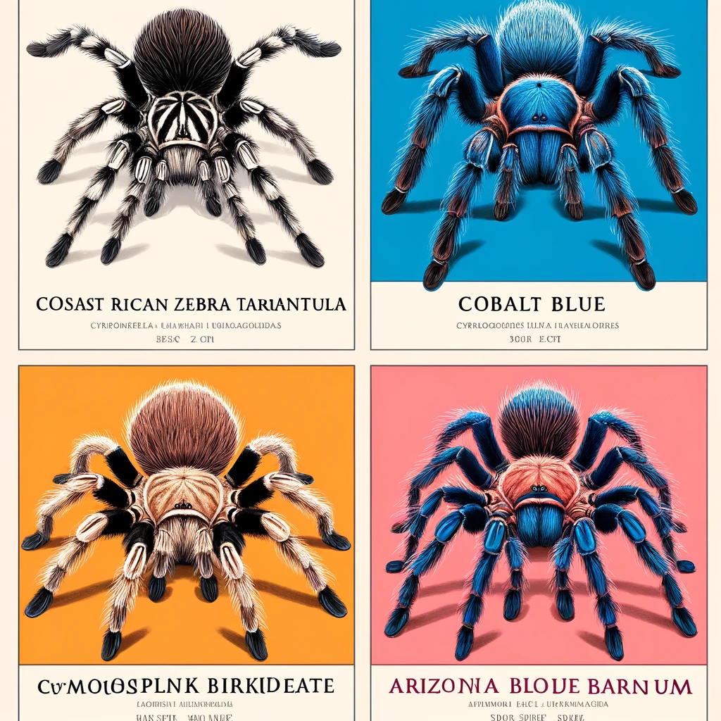 featuring four tarantulas in natural colors: Costa Rican Zebra, Cobalt Blue, Salmon Pink Birdeater, and Arizona Blonde, each set against a habitat-themed background