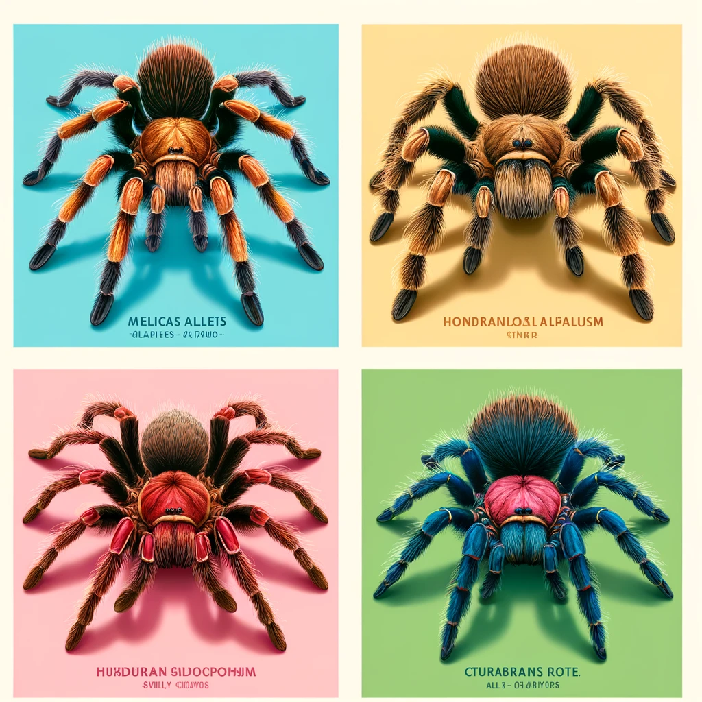 Top Left: Mexican Golden Red Rump Tarantula
Top Right: Honduran Curly Hair Tarantula
Bottom Left: Brazilian Red Tarantula
Bottom Right: Puerto Rican Pink Toe