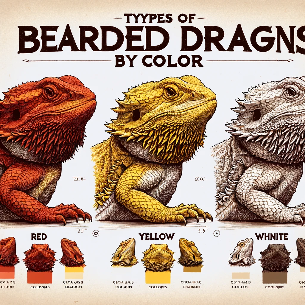 An illustration divided into sections, each displaying a bearded dragon of a different color—red, yellow, orange, and white. The title "Types of Bearded Dragons by Color" is displayed above in bold lettering, with each section clearly labeled with the color type of the dragon.