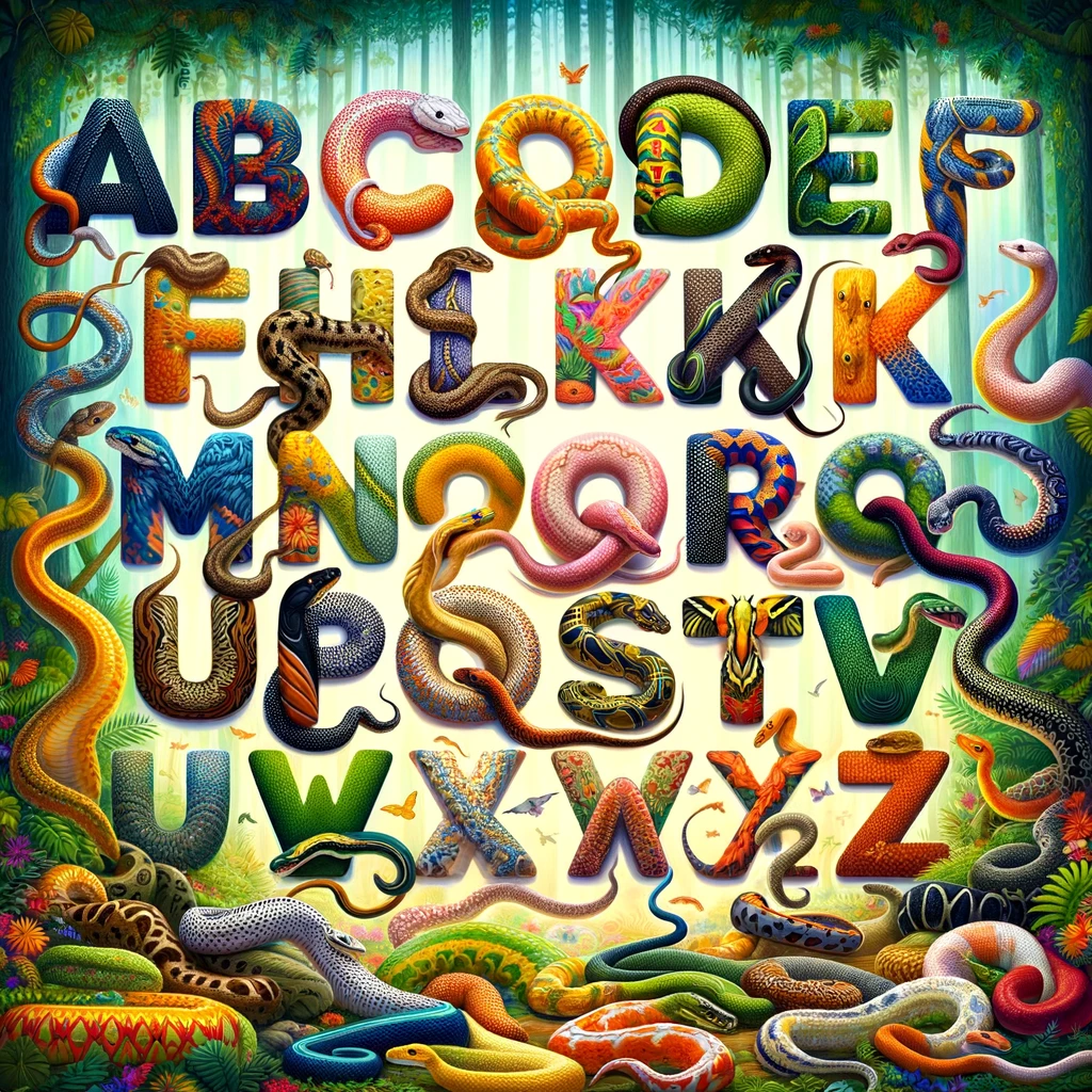 featuring a diverse array of snakes, each with a unique pattern, winding through the letters of the alphabet