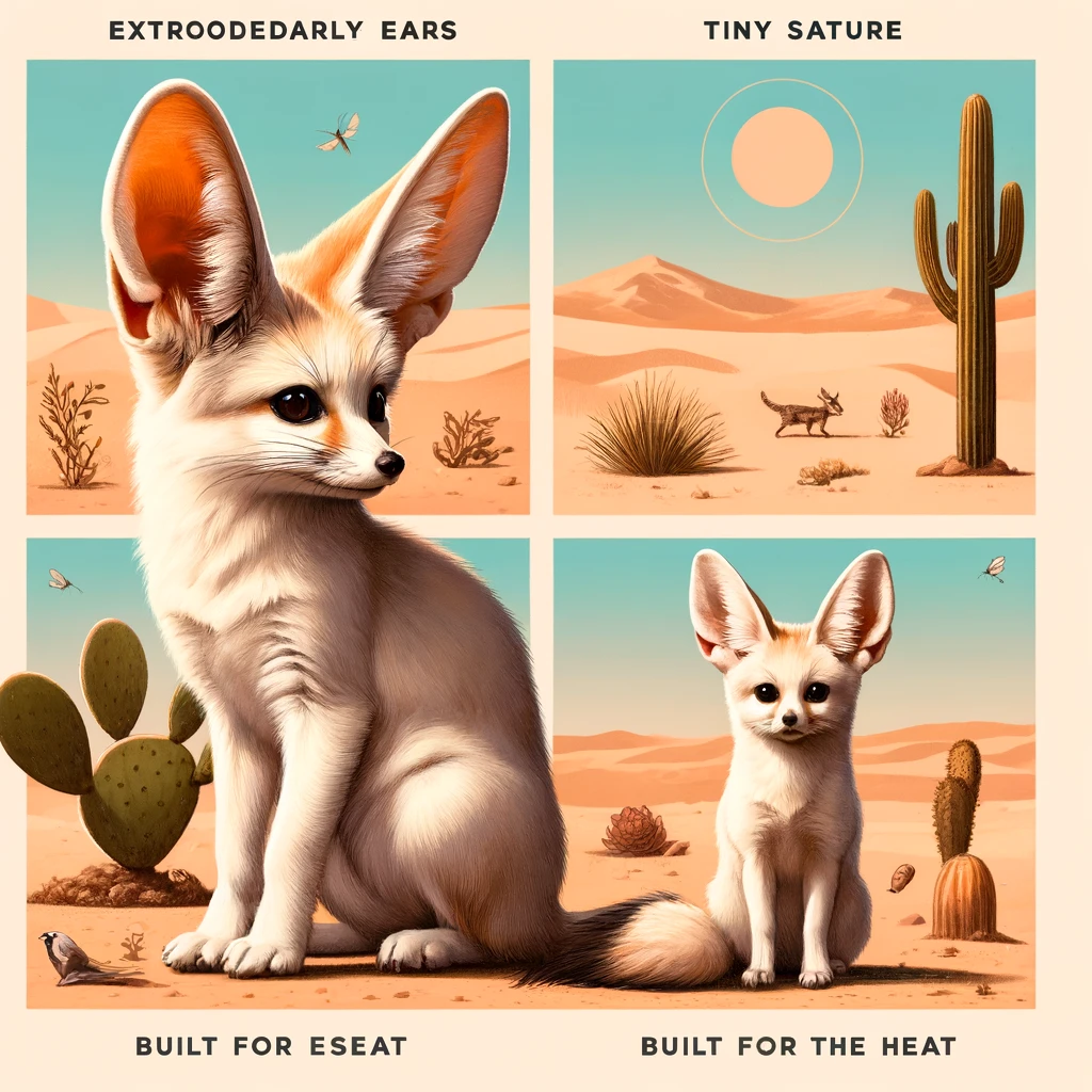 Composite image of Fennec Foxes showcasing adaptations: large ears, small stature, heat-resistant features, and dietary flexibility in a desert environment.