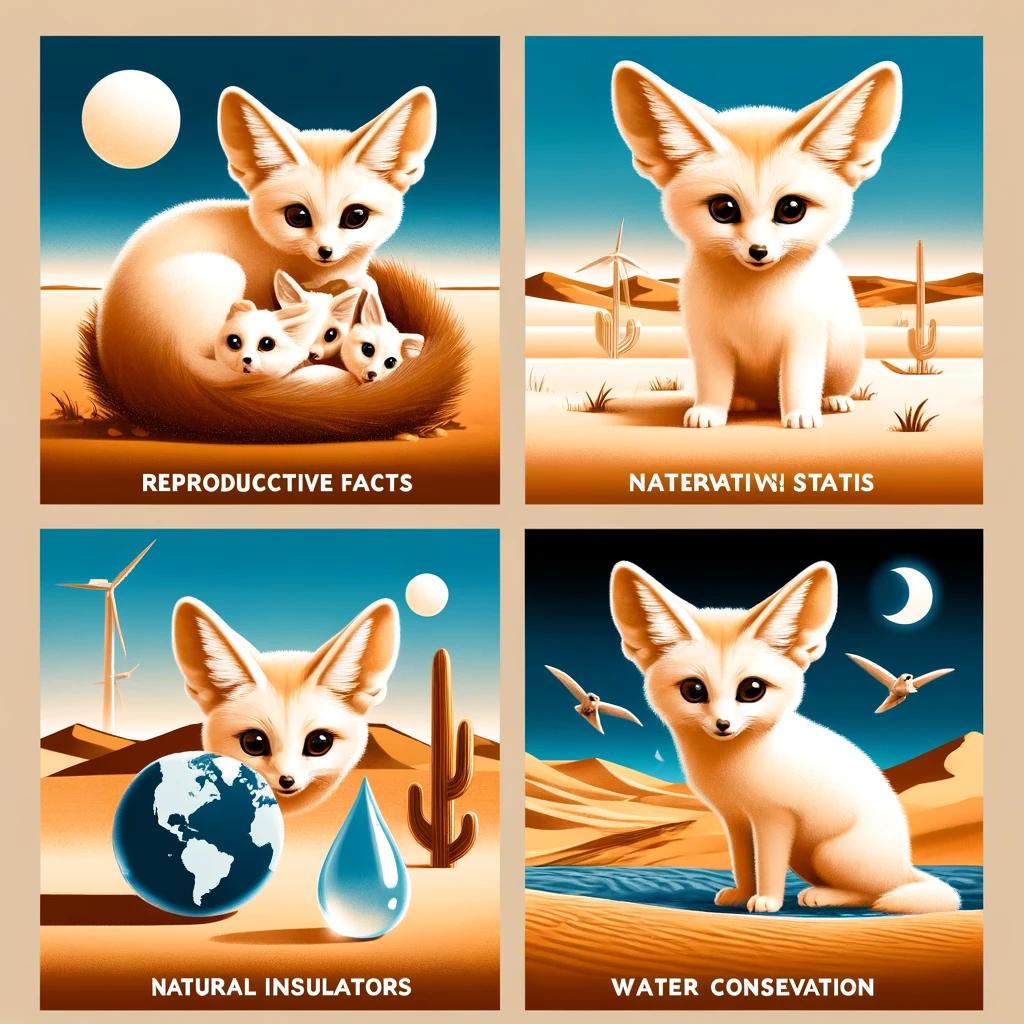 Four-panel illustration of Fennec Foxes showcasing Reproductive Facts, Conservation Status, Natural Insulators, and Water Conservation in their natural habitat.