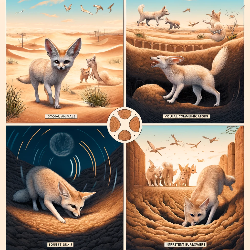 Four-panel illustration of Fennec Foxes showcasing social behavior, vocal communication, burrowing, and longevity in their natural desert habitat.