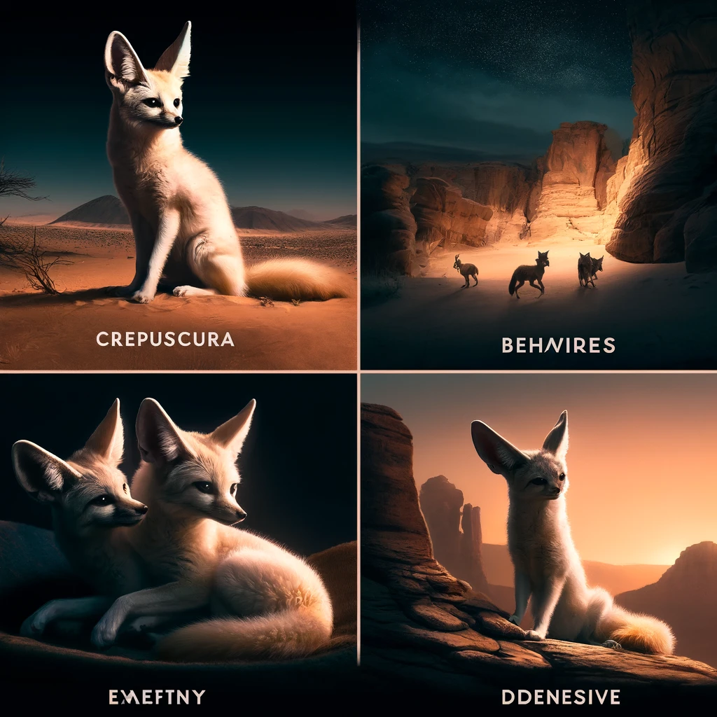 Composite image depicting four key behaviors of the Fennec Fox: Crepuscular activities in twilight, monogamous pair bonding in a den, climbing rocky outcrops, and marking territory defensively.