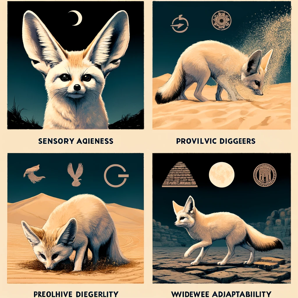 Composite image showcasing four key traits of the Fennec Fox: Sensory Acuteness, Prolific Diggers, Widespread Adaptability, and Symbolic Significance, each depicted in distinct desert environments