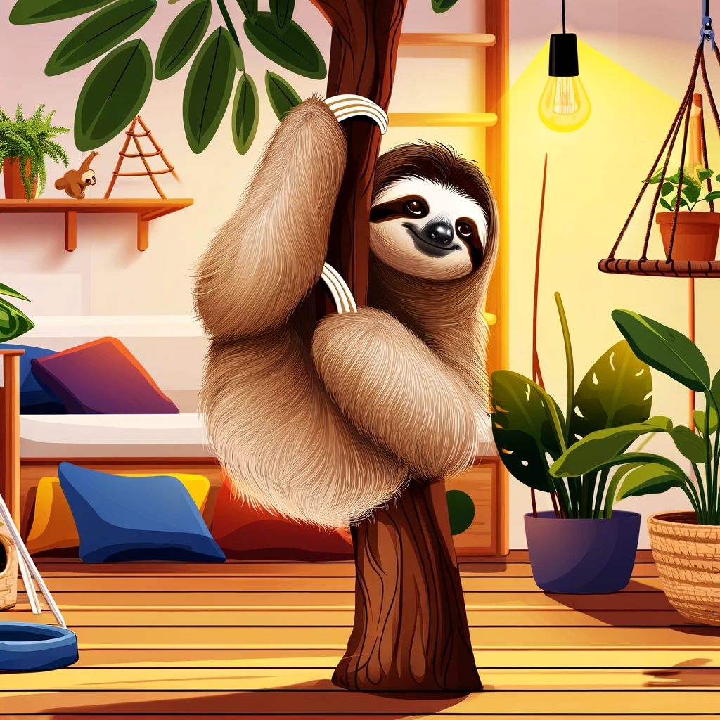 heartwarming and cozy scene showcasing a sloth as a beloved pet within a family home. The image should depict a gentle and content sloth 