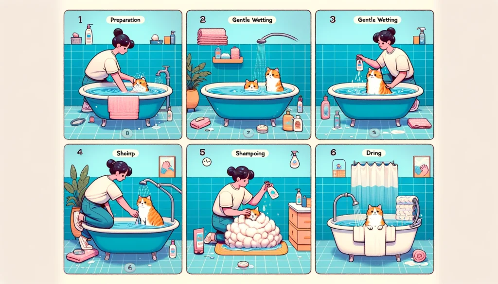 6 window showing how to give bath a cat like preparation, gentle wetting, shampoing, dring