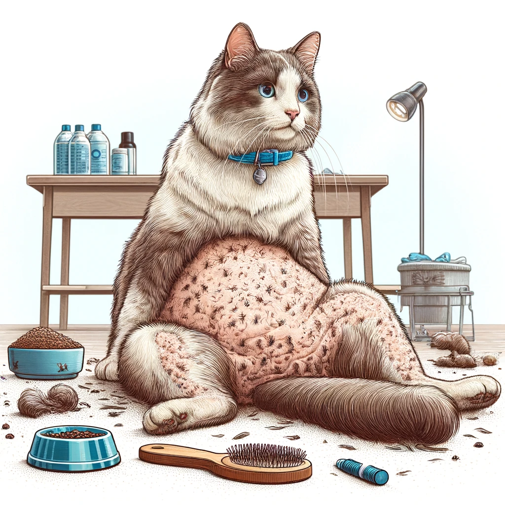 illustration-showing-a-cat-with-noticeable-patches-of-hair-loss-on-its-belly-and-legs.-The-cats-posture-suggests-mild-disco