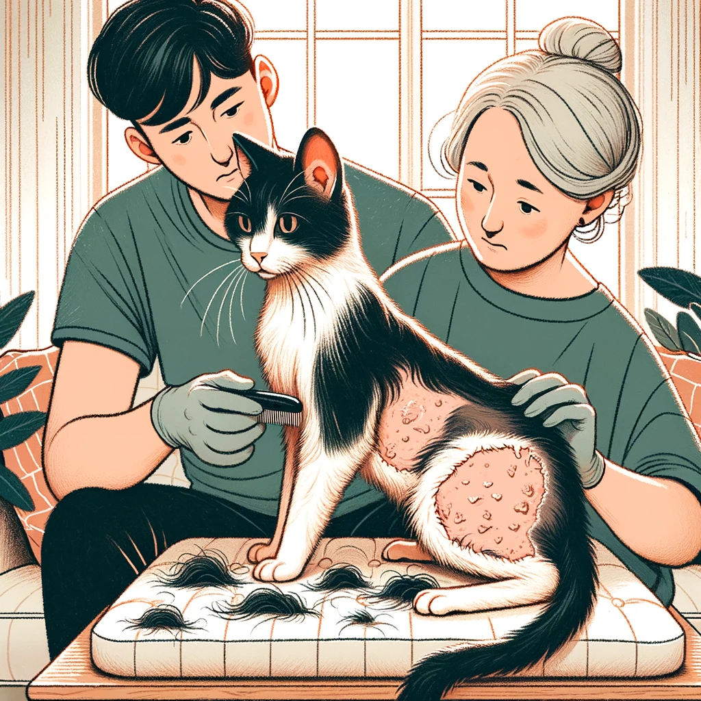 illustration-showing-a-concerned-pet-owner-examining-their-cat-which-is-experiencing-hair-loss-in-patches-and-clumps-particularly-on-its-belly