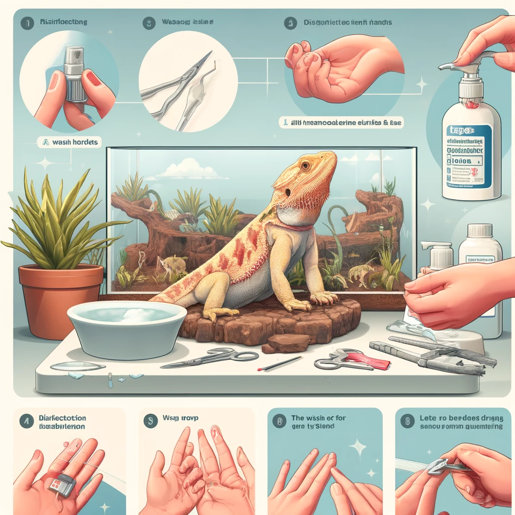 informative and visually engaging image illustrating the process and importance of preventing infections and injuries in bearded dragon