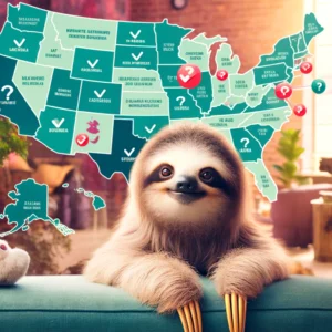sloth ownership in the United States, blending the sloth's charming appeal with the important legal considerations surrounding their ownership. It serves as a visual reminder of the necessity for potential owners to conduct thorough research and understand the legal landscape before bringing a sloth into their home.
