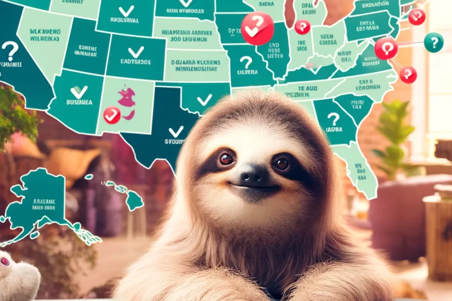 sloth ownership in the United States, blending the sloth's charming appeal with the important legal considerations surrounding their ownership. It serves as a visual reminder of the necessity for potential owners to conduct thorough research and understand the legal landscape before bringing a sloth into their home.