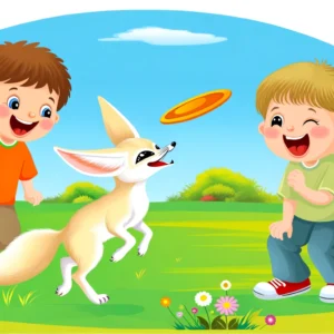 Humorous and playful scene of two children with a Fennec Fox trying to catch a frisbee in a sunny, grassy field, depicting joy and playful interaction