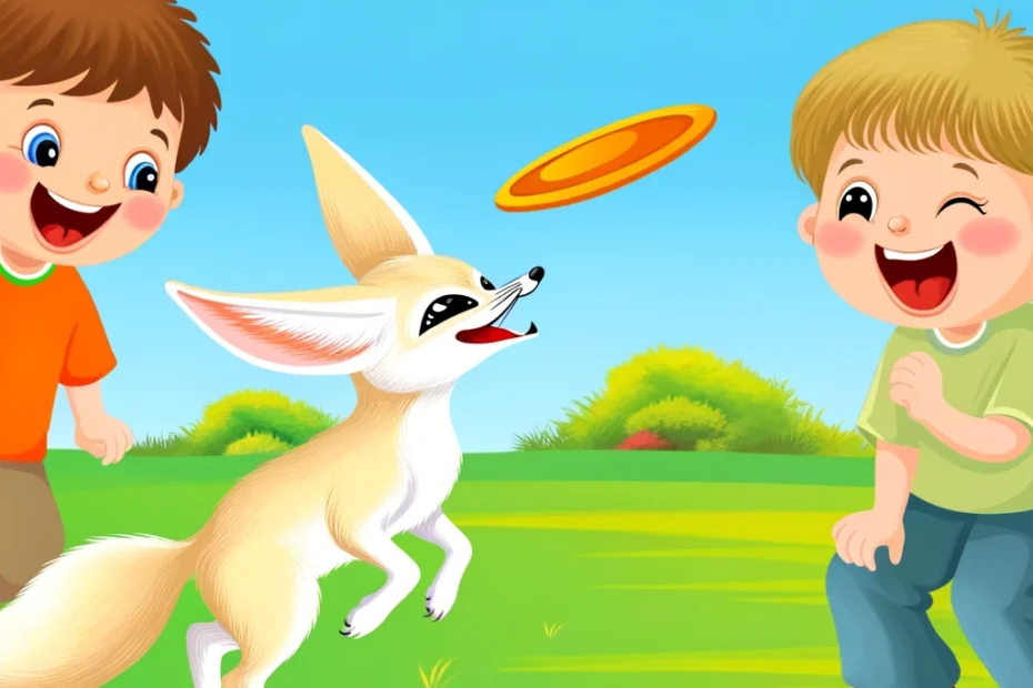 Humorous and playful scene of two children with a Fennec Fox trying to catch a frisbee in a sunny, grassy field, depicting joy and playful interaction